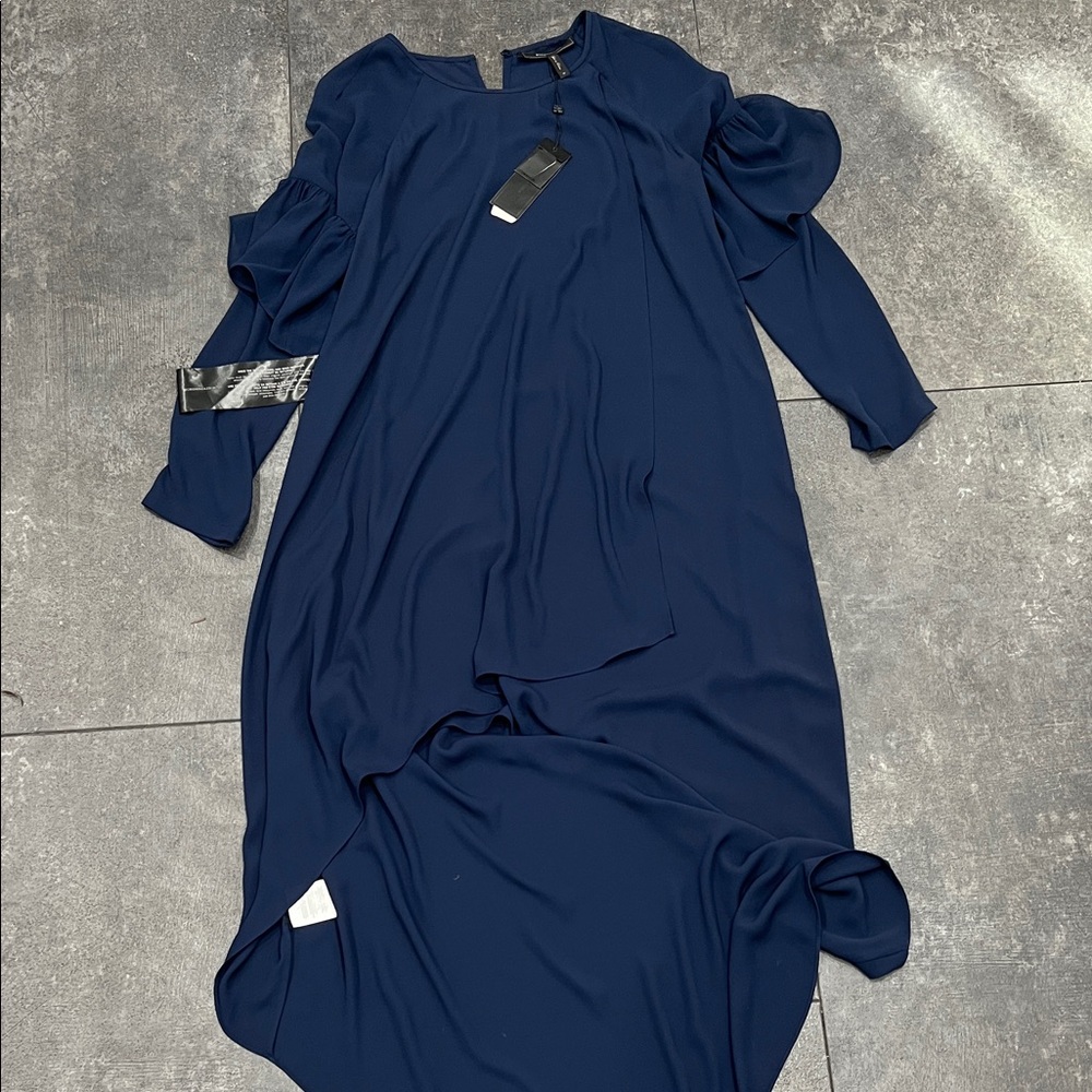 BCBGMAXAZRIA Elegant Navy Blue High Low Long Sleeve Women's Dress